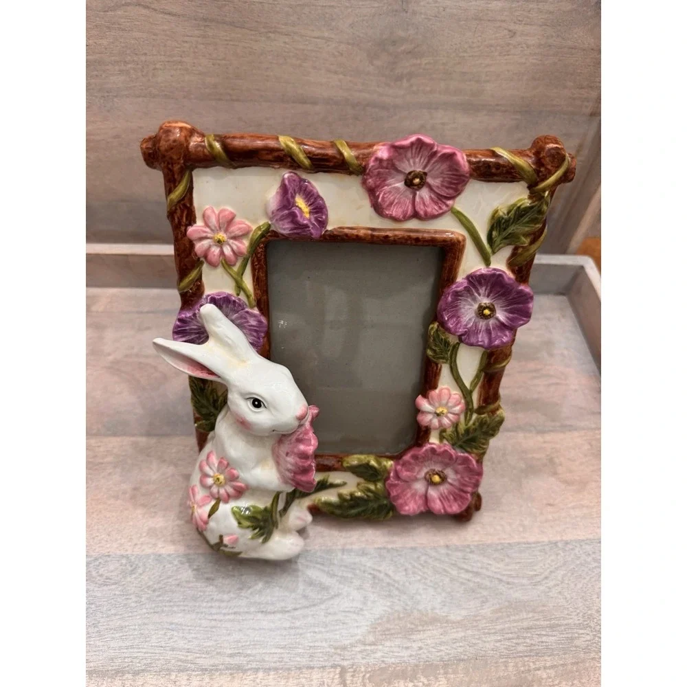 Ceramic 3D Floral Bunny Rabbit Photo Frame Easel Back Table Top Signature Home